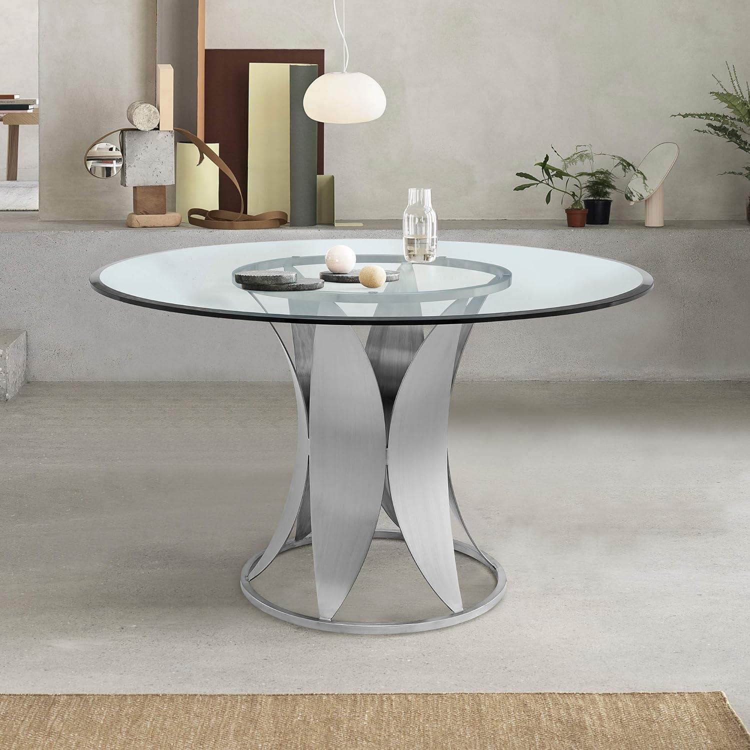 image:imageArmen Living Petal Modern Glass Round Pedestal Dining Table 48 in x 48 in x 30 in Brushed Stainless Steel Finishing