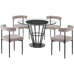 Armen Living Veronica Shannon 5 Piece Round Glass Dining Table Set with Matte Black Iron and Thundercloud Gray Fabric