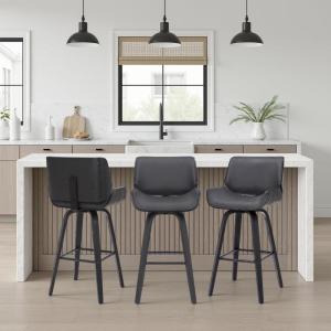 Armen Living Tyler 26″ Counter Height Swivel Gray Faux Leather and Black Wood Bar Stool – Set of 3