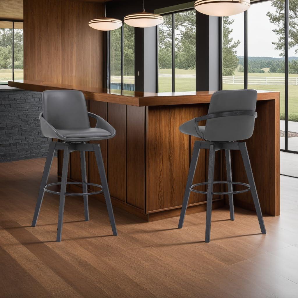 image:imageArmen Living Baylor Mid Century Modern Swivel Bar Stool for Kitchen Island Counter in Gray Faux Leather and Black Wood 30 Seat Height