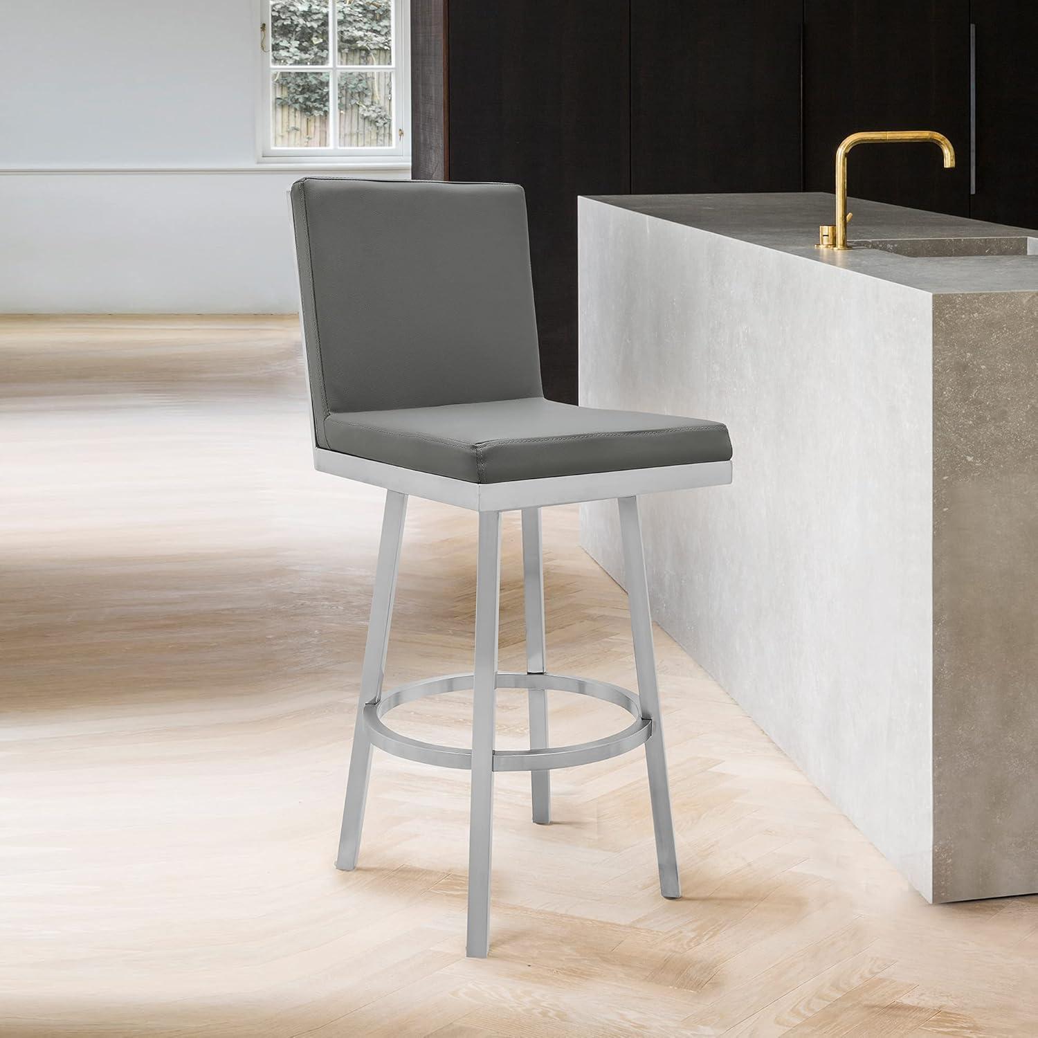 image:imageArmen Living Gem Swivel Modern Metal and Grey Faux Leather Bar and Counter StoolGrayBrushed Stainless Steel