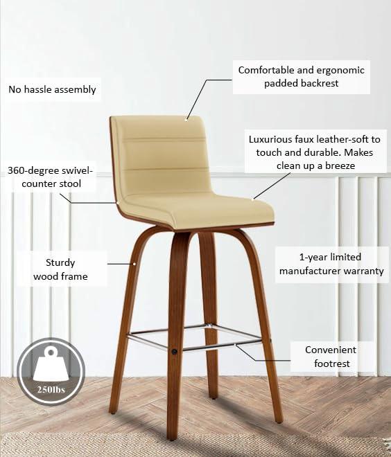 image:imageArmen Living Vienna 26 Swivel Counter Stool in Walnut Wood Finish with Cream Faux Leather Set of 3