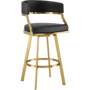 Armen Living Saturn 26″ Swivel Counter Stool with Gold Brushed Stainless Steel and Black Faux Leather