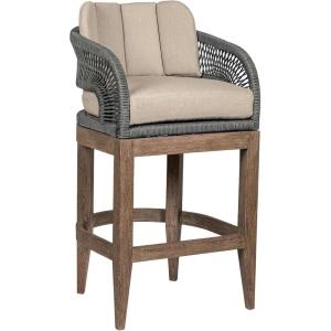 Armen Living Orbit Outdoor Patio 30″ Bar Stool in Weathered Eucalyptus Wood with Gray Rope and Taupe Olefin Cushions
