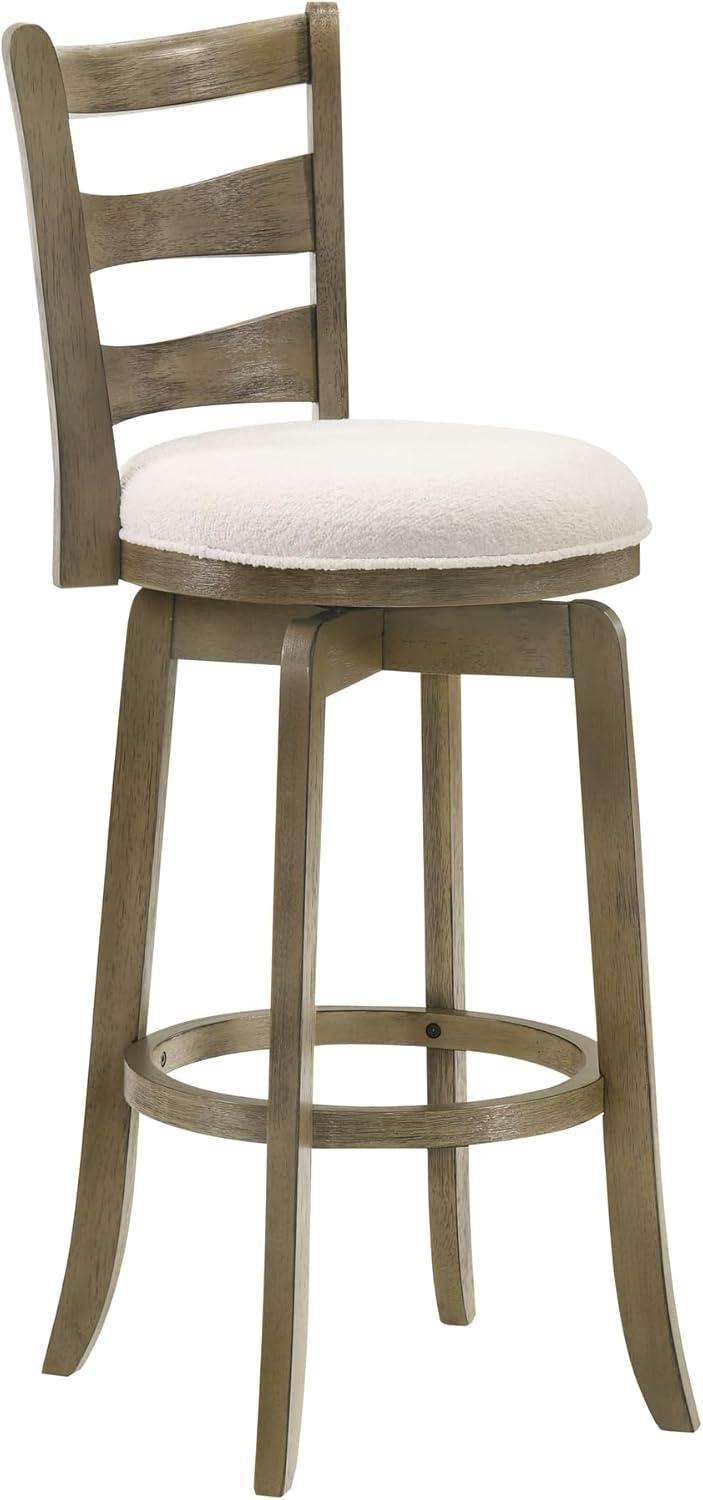 image:imageMelindra Modern Farmhouse Swivel Wood Bar Height Kitchen Bar Stool in Putty Brown Finish with White Boucle Fabric Upholstered SeatWhitePutty Brown