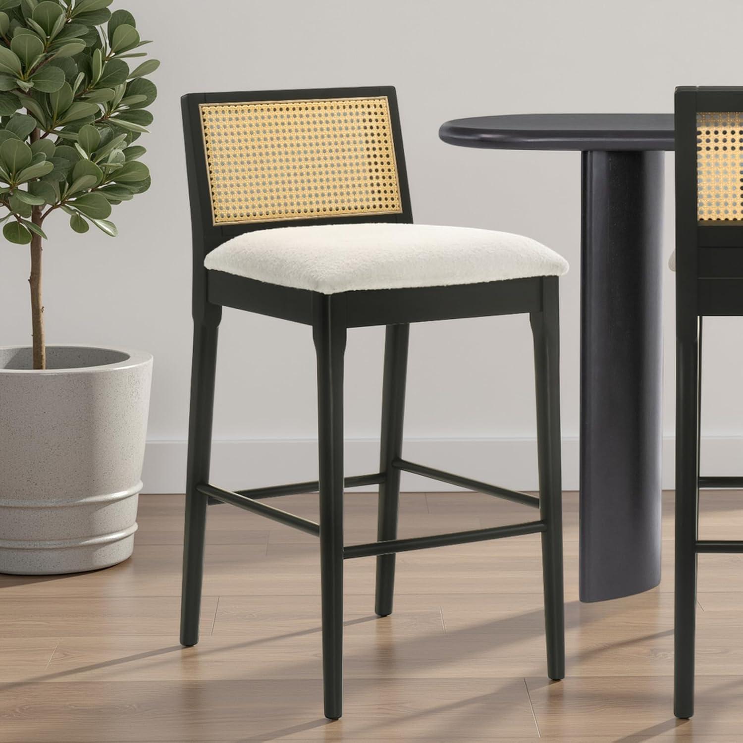 image:imageTobias Coastal Modern Wood Counter Height Kitchen Bar Stool in Black Finish with White Boucle Fabric Upholstered SeatWhiteBlack