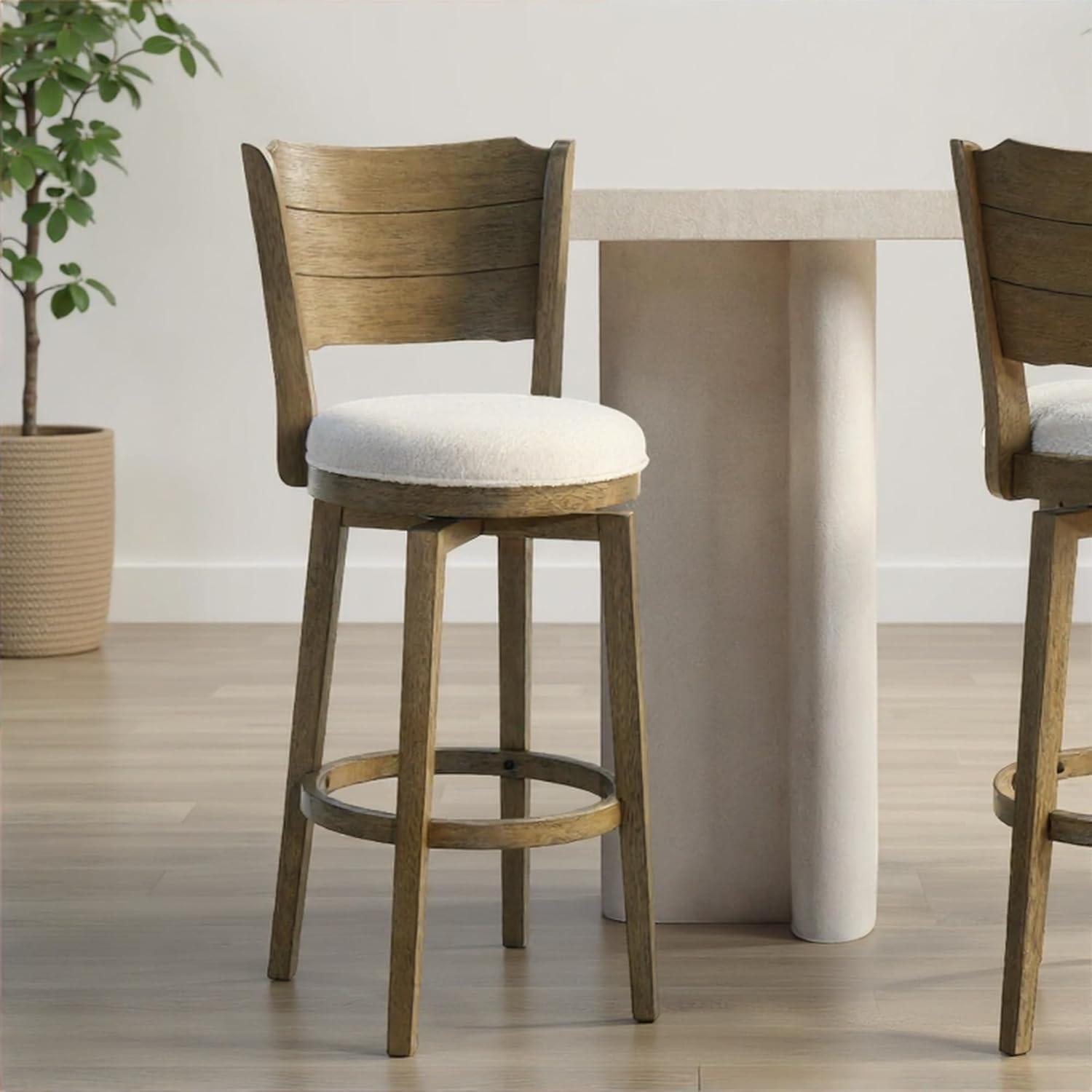 image:imageWinsley Coastal Modern Swivel Wood Counter Height Kitchen Bar Stool in Amber Glow Finish with White Boucle Fabric Upholstered Seat Set of 4WhitePutty Brown