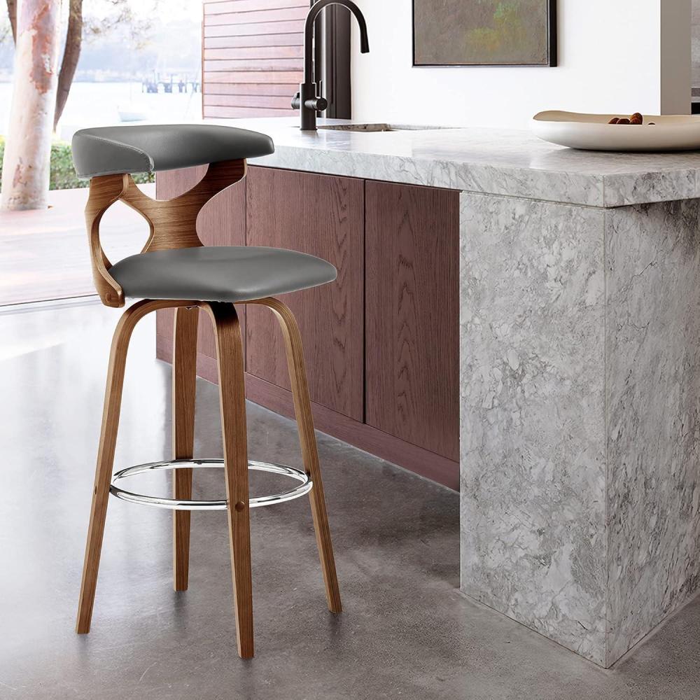 image:imageArmen Living Zenia 30 Seat Height Swivel Bar Stool in Gray Faux Leather and Black WoodGreyWalnut