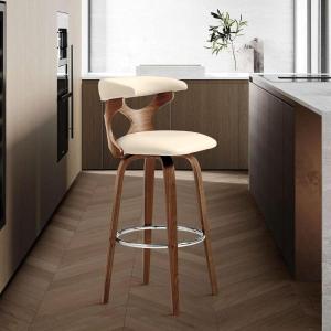 Armen Living Zenia 30″ Seat Height Swivel Bar Stool in Gray Faux Leather and Black Wood(Cream/Walnut)