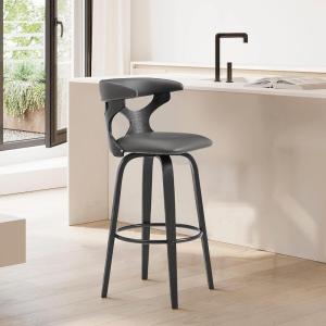 Armen Living Zenia 30″ Seat Height Swivel Bar Stool in Gray Faux Leather and Black Wood(Gray/Black)