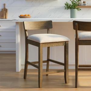 Merie Modern Transitional Wood Counter Height Kitchen Bar Stool in Putty Brown Finish with White Boucle Fabric Upholstered Seat – Set of 2