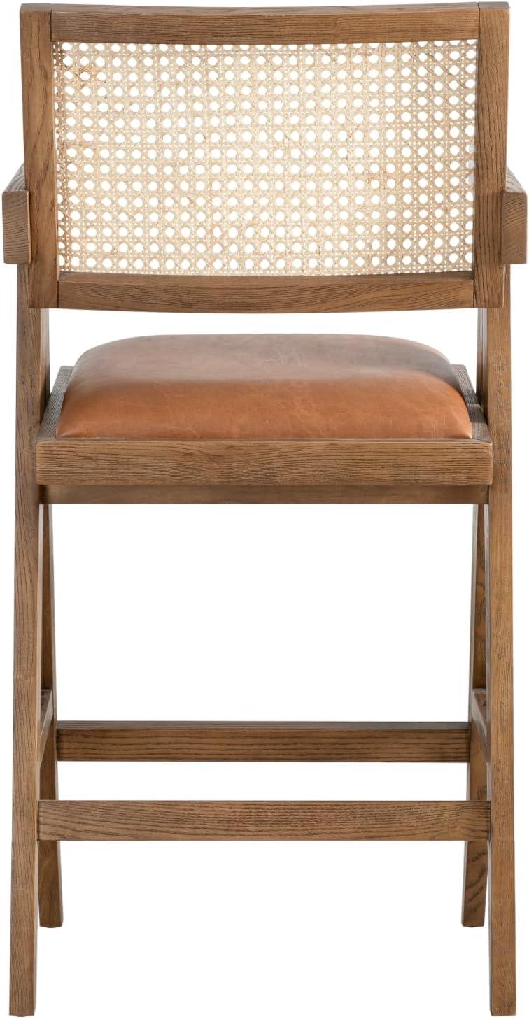 image:imageArmen Living Harley Nutmeg Brown Solid Wood and Rattan Upholstered 26 Counter Height Barstool with RedBrown Faux Leather Seat Set of 3