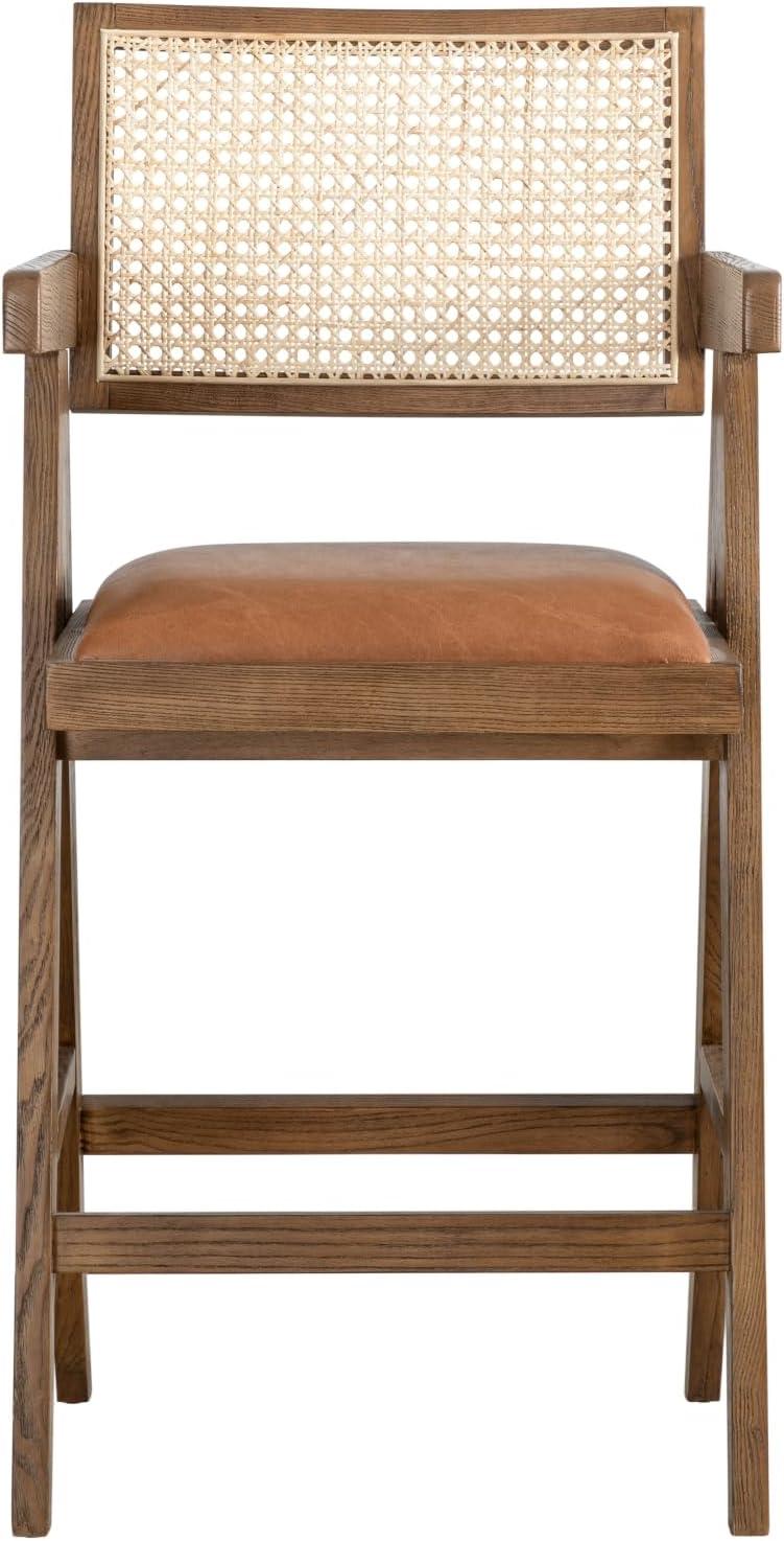 image:imageArmen Living Harley Nutmeg Brown Solid Wood and Rattan Upholstered 26 Counter Height Barstool with RedBrown Faux Leather Seat Set of 3