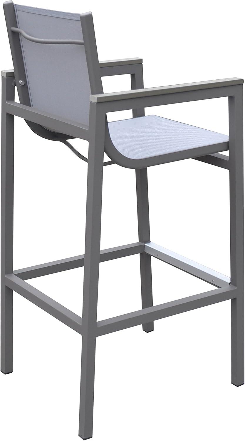 image:imageMarina Outdoor Patio Barstool in Gray Powder Coated Finish with Gray Sling Textilene and Wood Accent Arms Set of 4