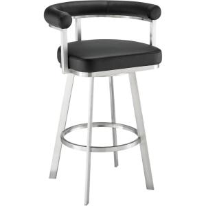 Armen Living Magnolia Swivel Bar Stool in Brushed Stainless Steel with Black Faux Leather