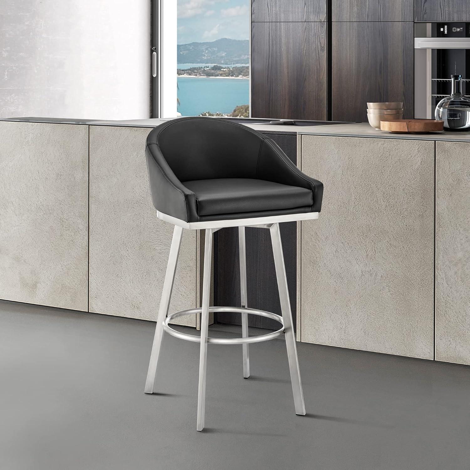 image:imageArmen Living Eleanor Swivel Counter Stool in Brushed Stainless Steel and Black Faux Leather