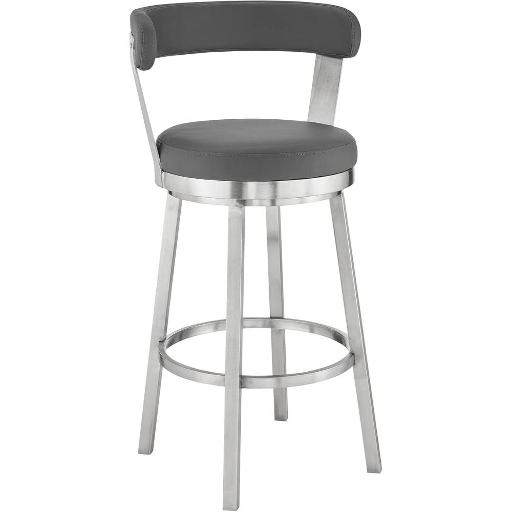 image:imageArmen Living Kobe 26 Counter Height Swivel Bar Stool in Brushed Stainless Steel Finish and Grey Faux Leather