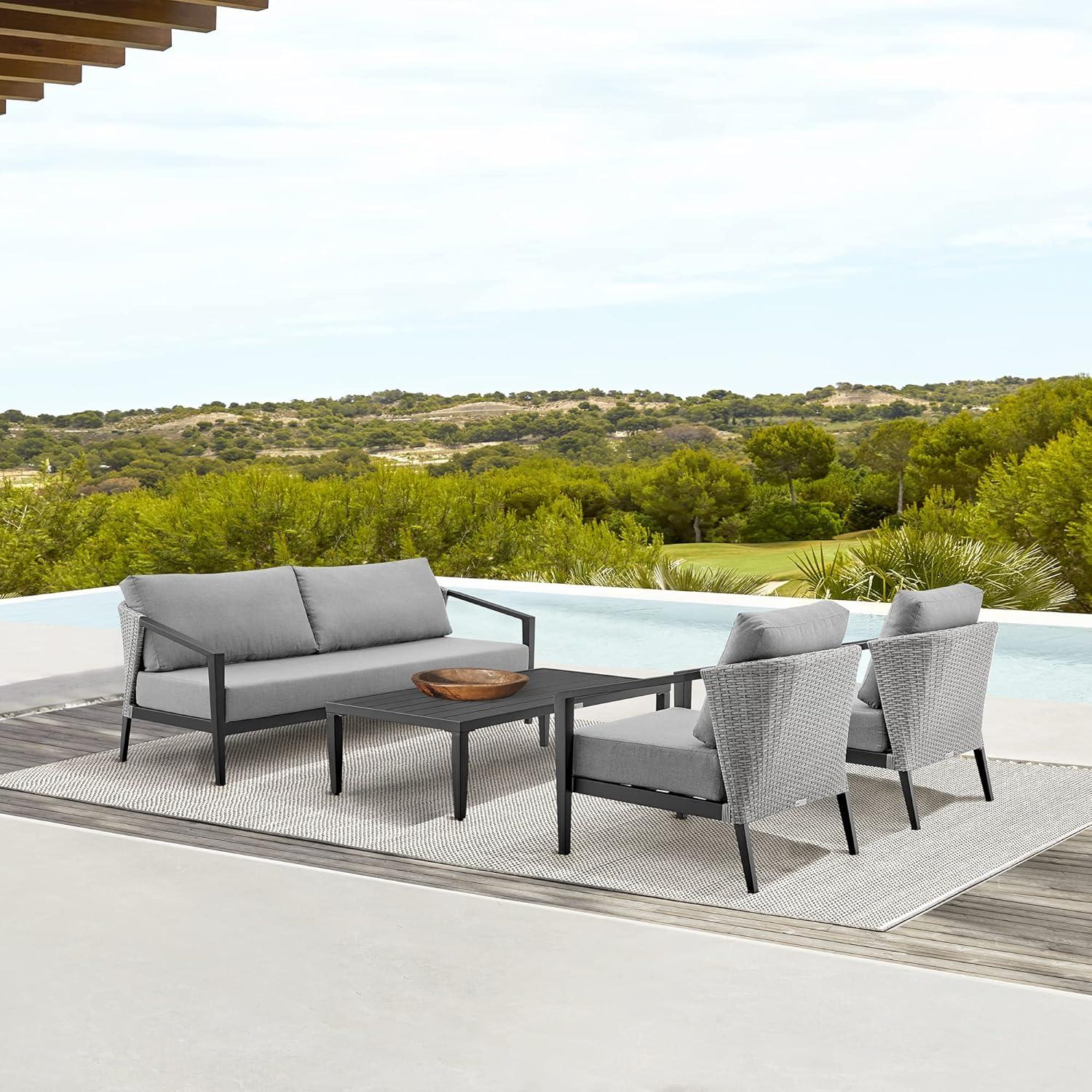 image:imageArmen Living Aileen Modern Outdoor Patio Wicker and Aluminum Conversation Set 4 Piece Black