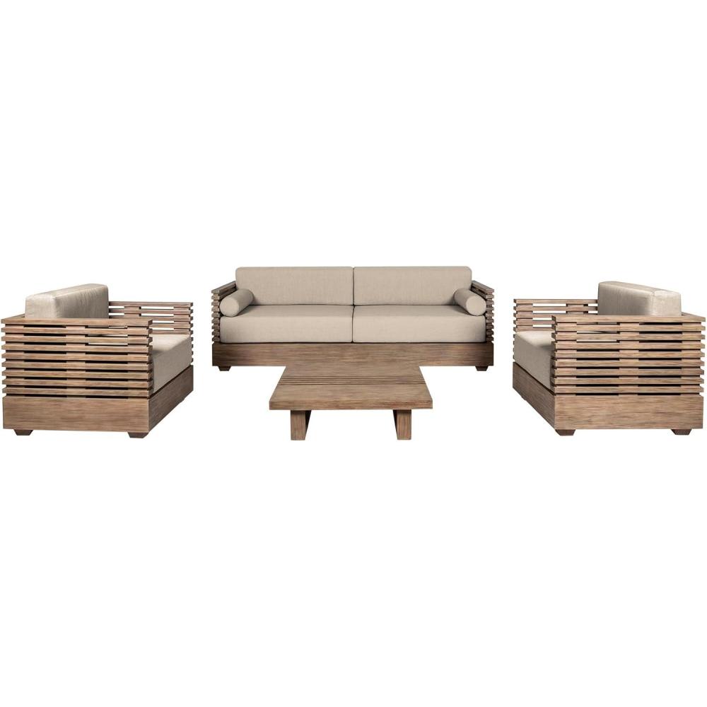 image:imageArmen Living Vivid Outdoor Patio 4 Piece Conversation Set in Light Eucalyptus Wood with Taupe Olefin Cushions