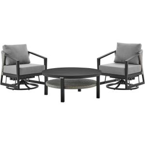 Armen Living Aileen Modern Outdoor Patio Conversation, 3 Piece Set, Black Aluminum and Gray