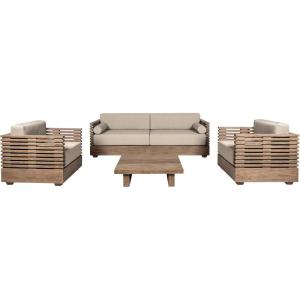 Armen Living Vivid Outdoor Patio 4 Piece Conversation Set in Light Eucalyptus Wood with Taupe Olefin Cushions