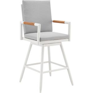 Crown Outdoor Patio Swivel Bar Stool in Aluminum with Brown Rope and Light Gray Cushions