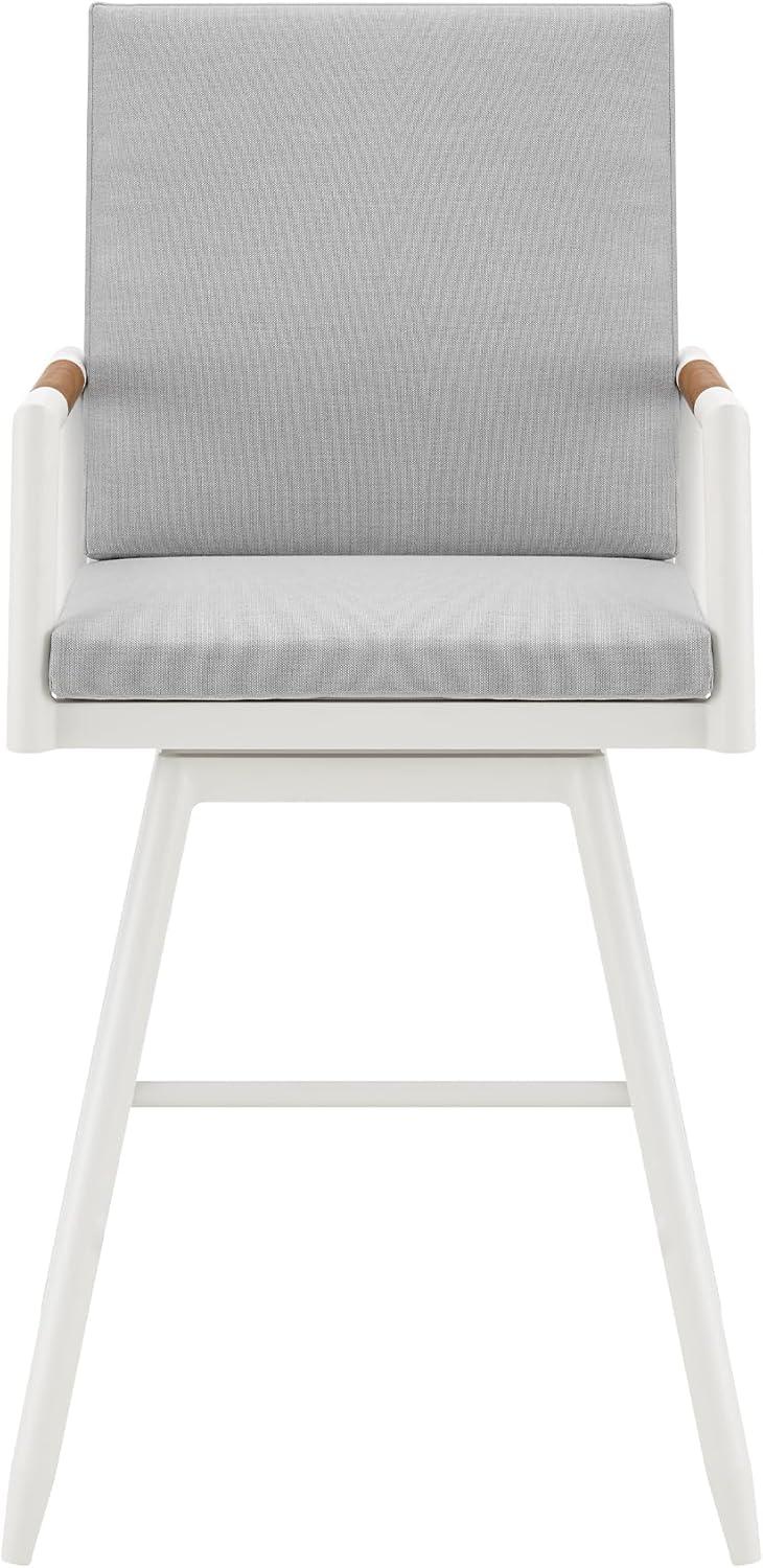 image:imageArmen Living Crown Outdoor Patio Swivel Counter Stool in White Aluminum with Wood Accent and Light Gray Cushions