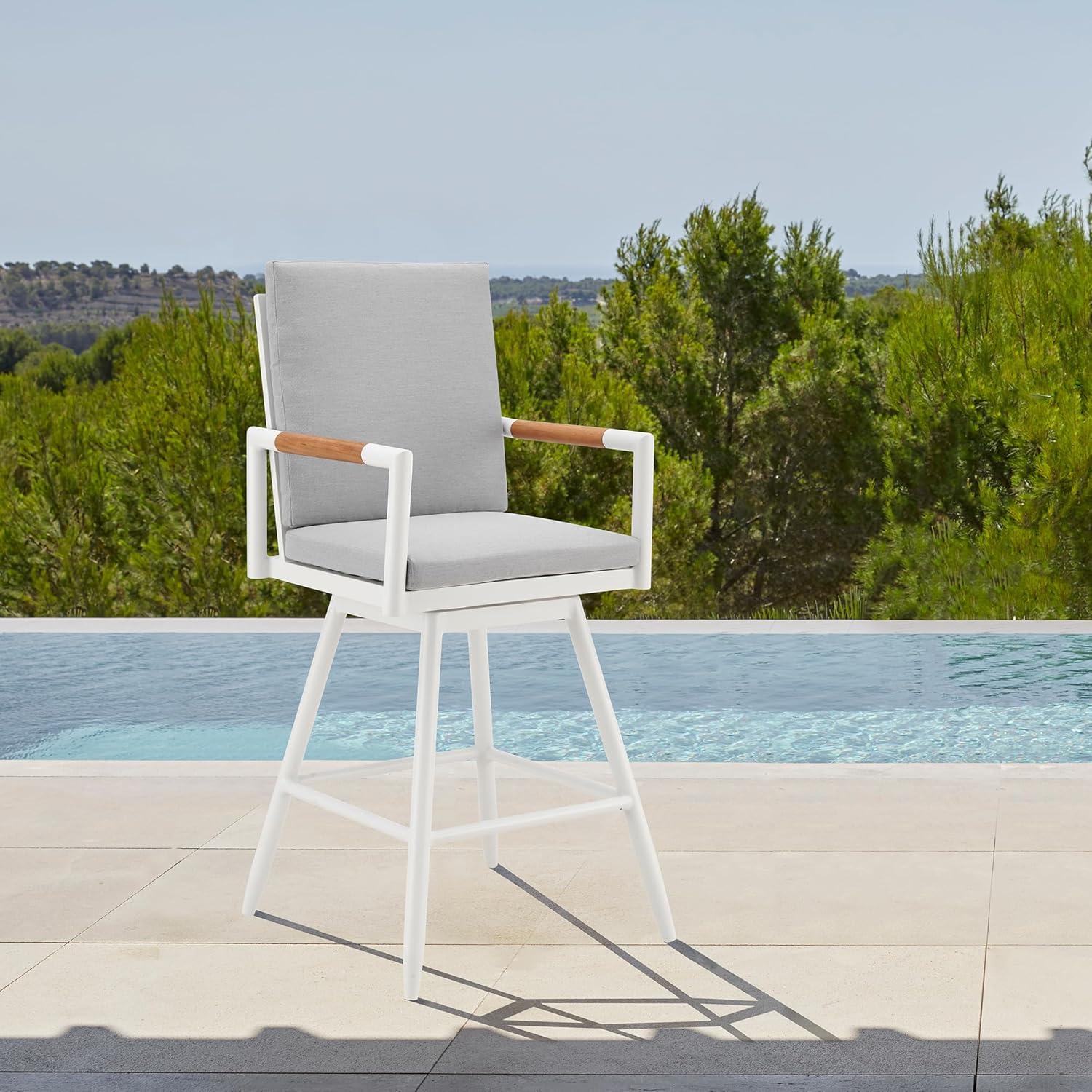 image:imageArmen Living Crown Outdoor Patio Swivel Counter Stool in White Aluminum with Wood Accent and Light Gray Cushions
