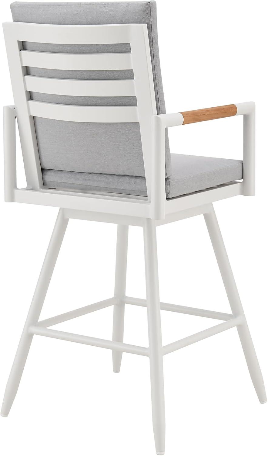 image:imageArmen Living Crown Outdoor Patio Swivel Counter Stool in White Aluminum with Wood Accent and Light Gray Cushions