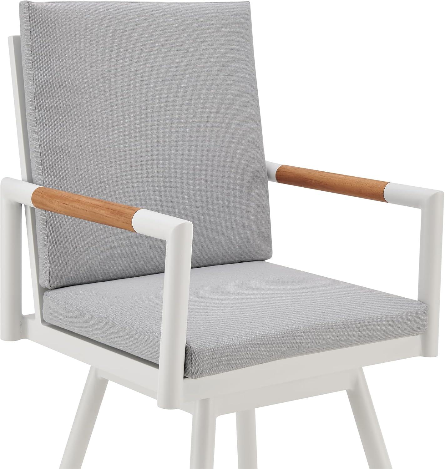 image:imageArmen Living Crown Outdoor Patio Swivel Counter Stool in White Aluminum with Wood Accent and Light Gray Cushions
