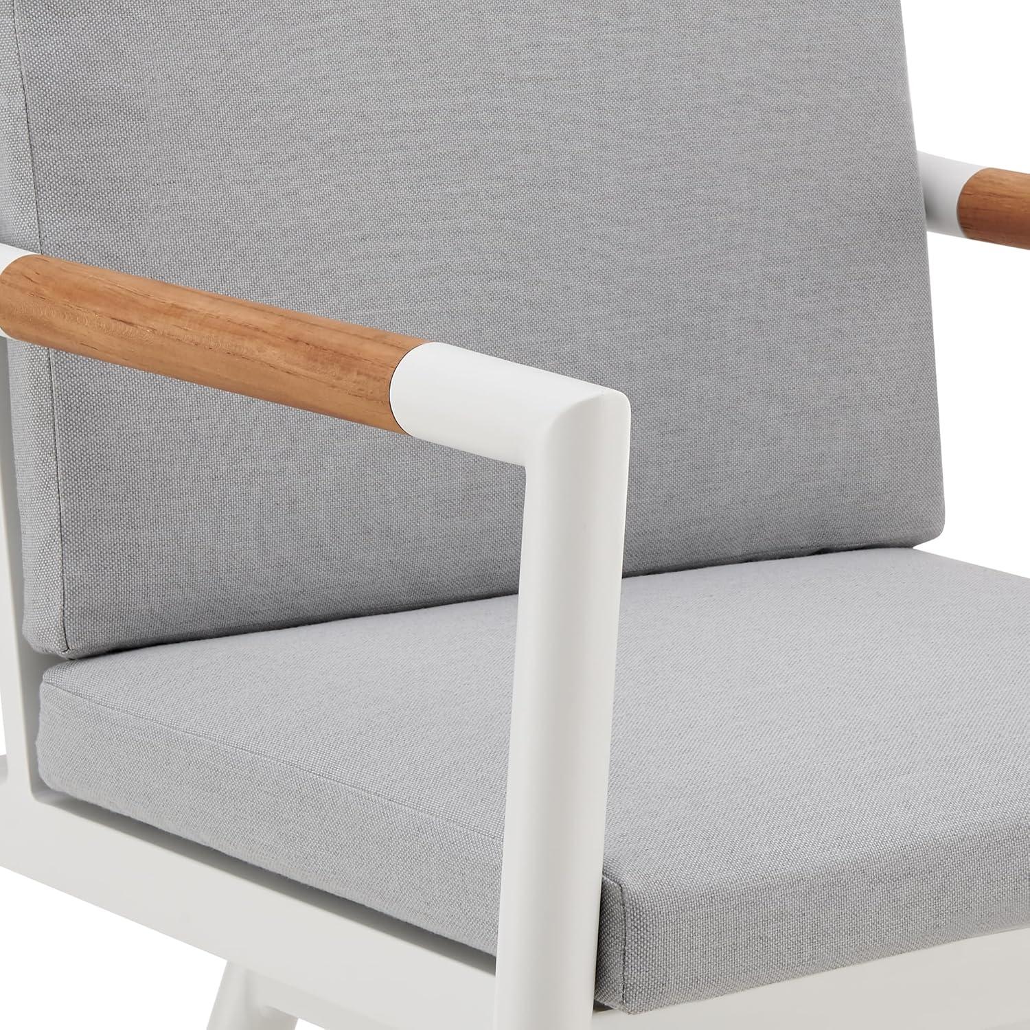 image:imageArmen Living Crown Outdoor Patio Swivel Counter Stool in White Aluminum with Wood Accent and Light Gray Cushions