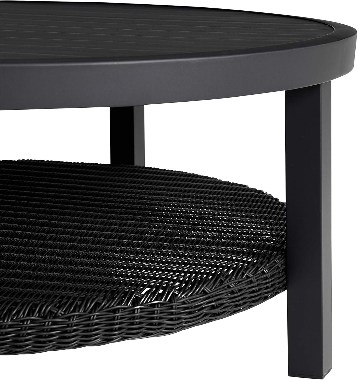 image:imageArmen Living Grand Black Aluminum Outdoor Round Conversation Table with Wicker Shelf