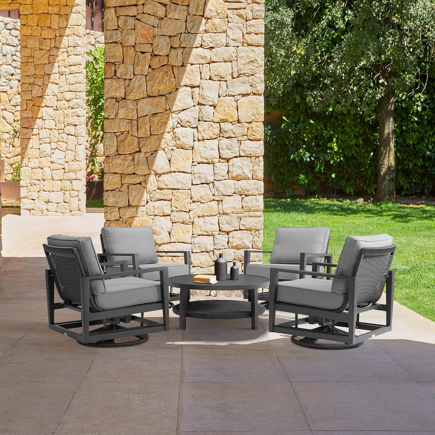 image:imageArmen Living Grand Black Aluminum Outdoor Round Conversation Table with Wicker Shelf