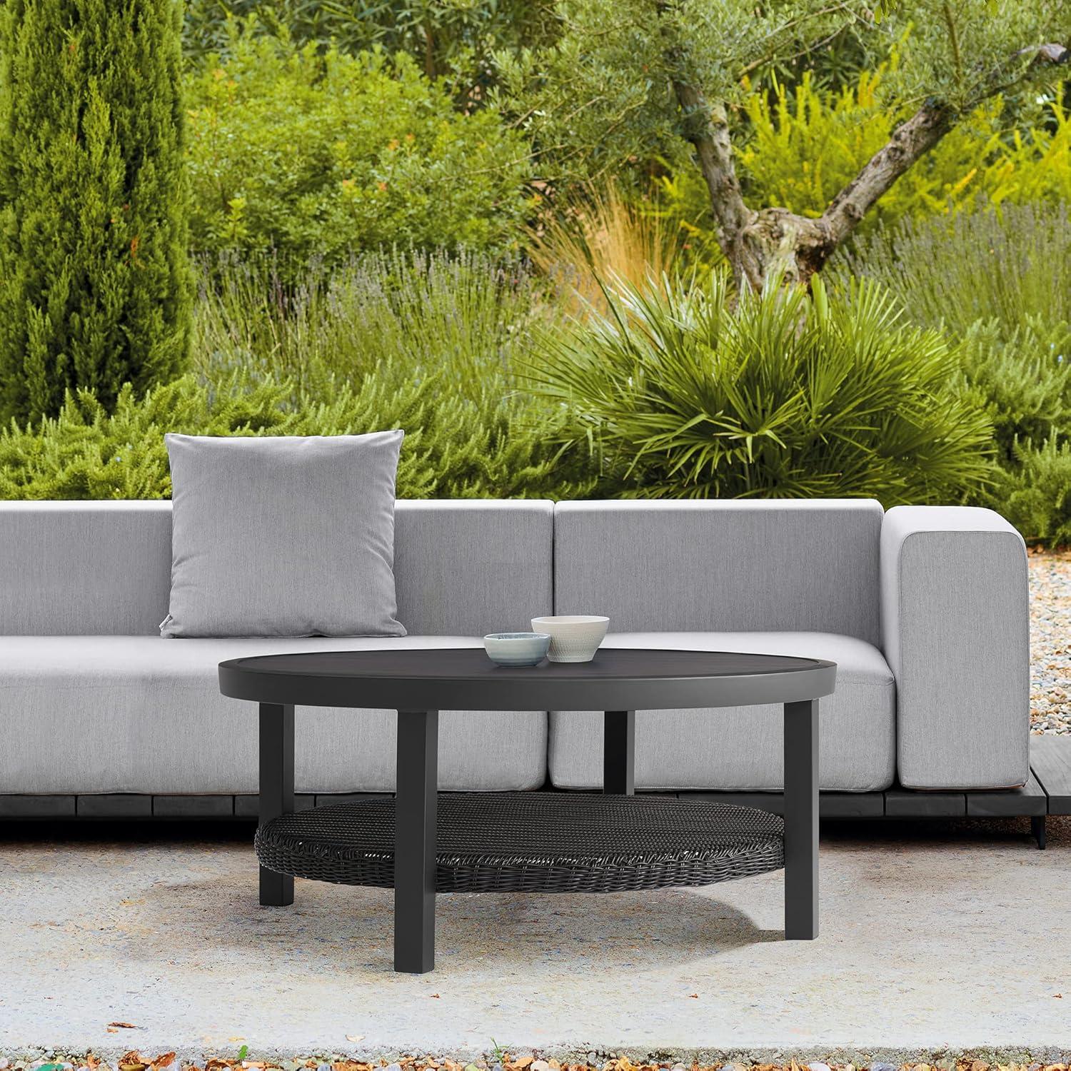 image:imageArmen Living Grand Black Aluminum Outdoor Round Conversation Table with Wicker Shelf