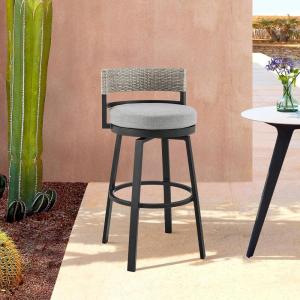 Encinitas Outdoor Patio Swivel Bar Stool in Aluminum and Wicker with Gray Cushions – Set of 3