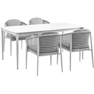 Rhodes Outdoor Patio 5 Piece Dining Set in Aluminum with Sintered Stone and Gray Cushions