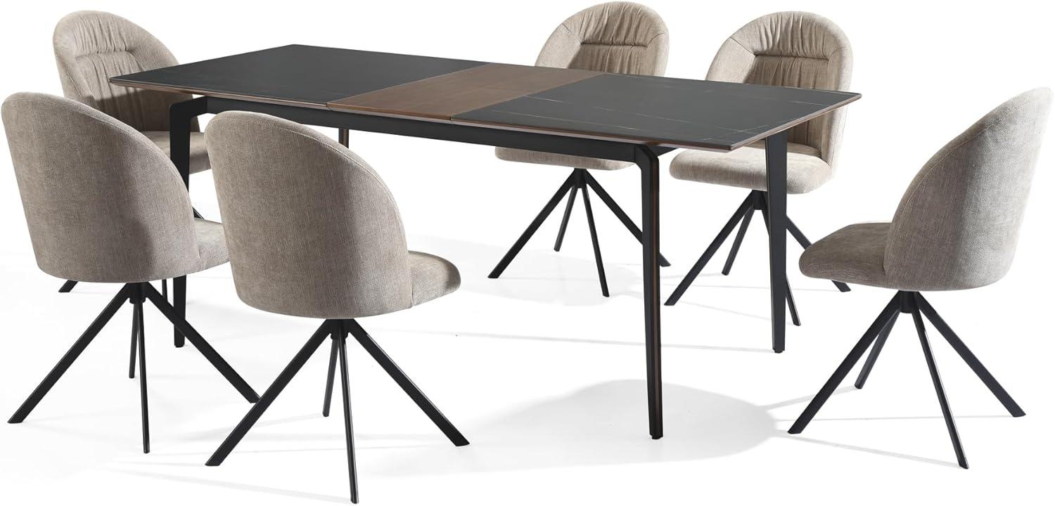 image:imageArmen living Honey Contemporary 7Piece Dining Set with Dark Wood and Black Sintered Stone Table Top and Upholstered Armchairs