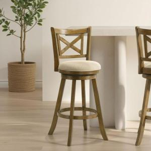 Kodi Modern Farmhouse Swivel Wood Counter Height Kitchen Bar Stool in Sepia Brown Finish with Light Scone Fabric Upholstered Seat – Set of 4(Light Scone/Sepia Brown)