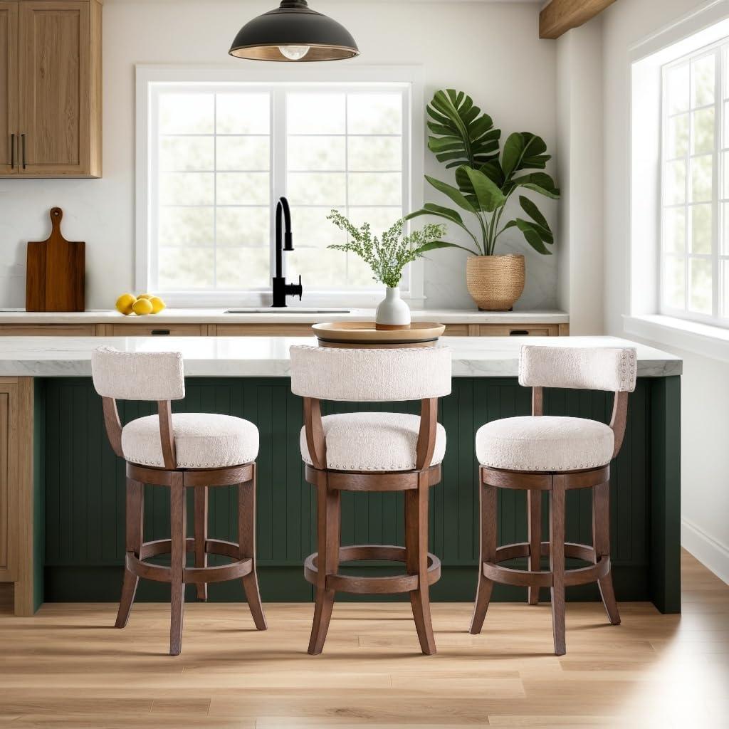 image:imageArmen Living Mystic Brown Solid Wood Upholstered 26 Counter Height Swivel Barstool with Ancient Stone Fabric Seat Set of 2