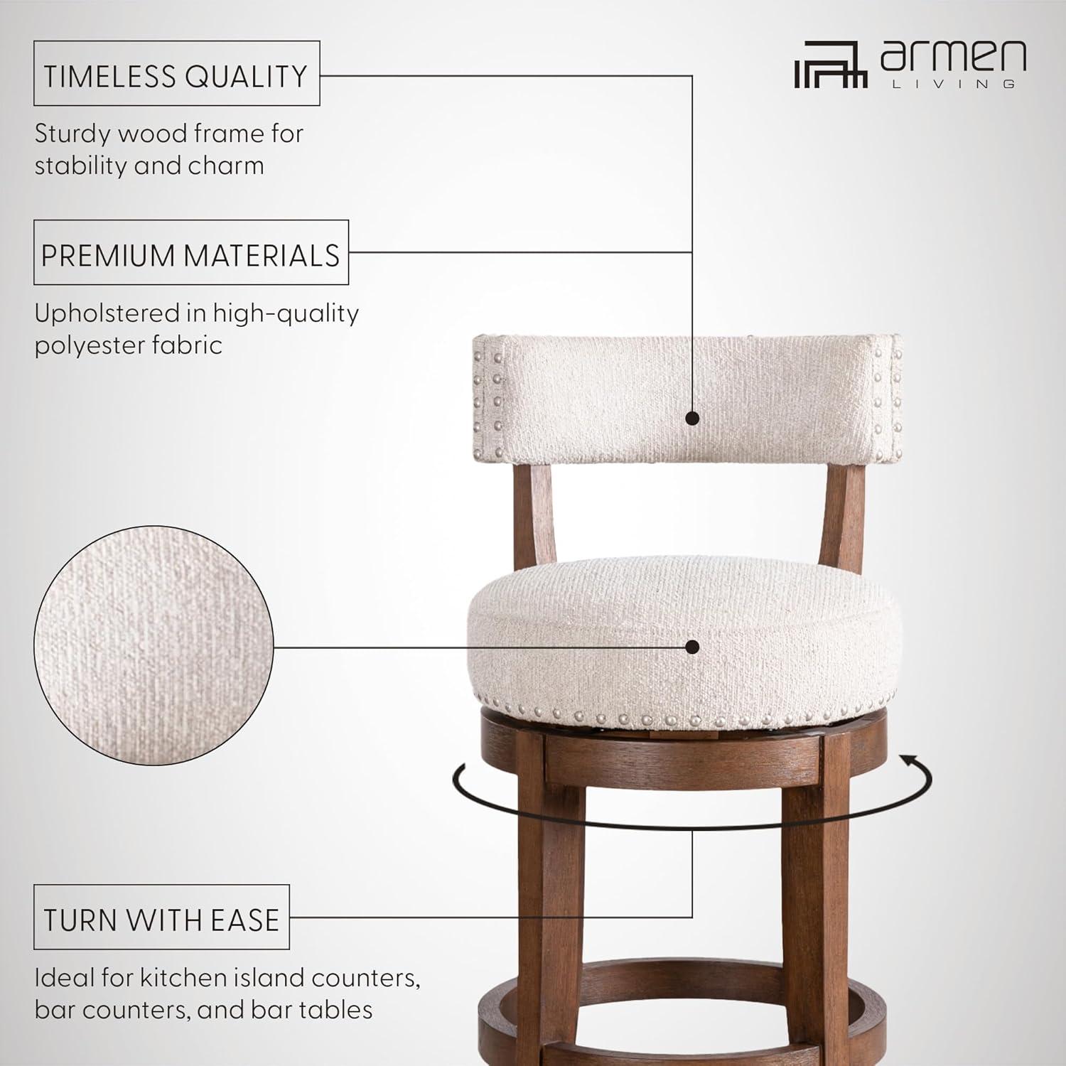 image:imageArmen Living Mystic Brown Solid Wood Upholstered 26 Counter Height Swivel Barstool with Ancient Stone Fabric Seat Set of 3