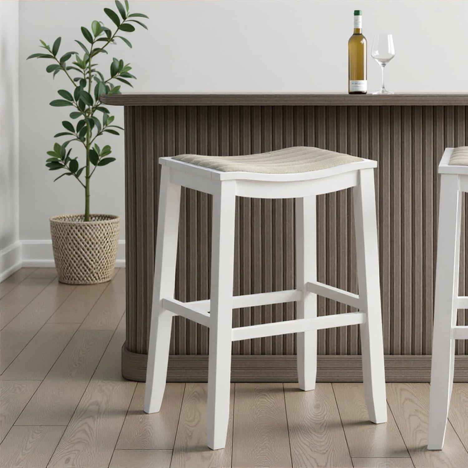 image:imageIyani Coastal Modern Wood Counter Height Kitchen Bar Stool in White Finish with Dune Cloud Fabric Upholstered Seat Set of 4TaupeWhite