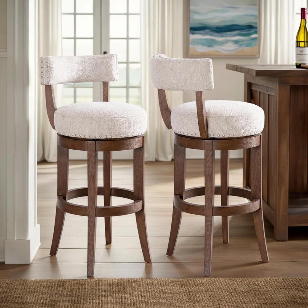 image:imageArmen Living Mystic Brown Solid Wood Upholstered 30 Bar Height Swivel Barstool with Ancient Stone Fabric Seat  Set of 2