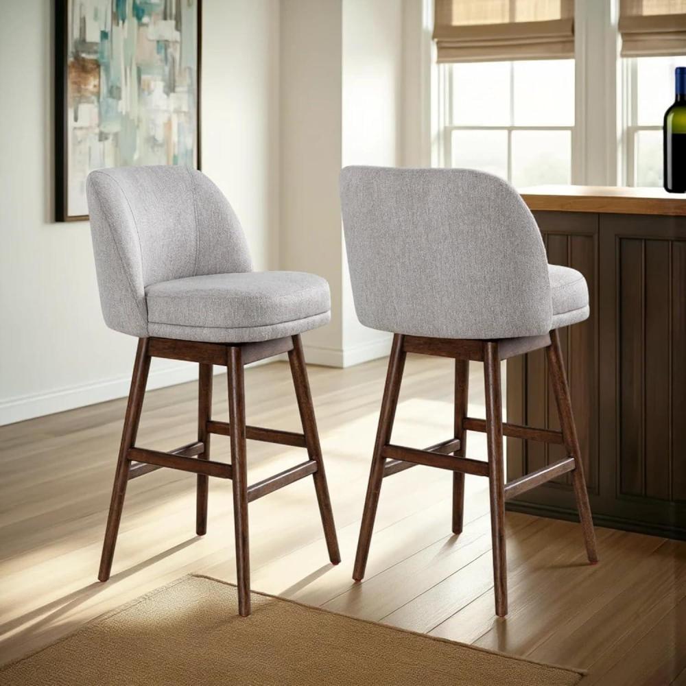image:imageArmen Living Sadie Brown Solid Wood Upholstered 30 Bar Height Swivel Barstool with Taupe Fabric Seat Set of 2