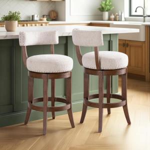 Armen Living Mystic Brown Solid Wood Upholstered 26″ Counter Height Swivel Barstool with Ancient Stone Fabric Seat – Set of 2