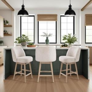 Armen Living Sadie Solid Wood Upholstered 26″ Counter Height Swivel Barstool with Ancient Stone Fabric Seat – Set of 3