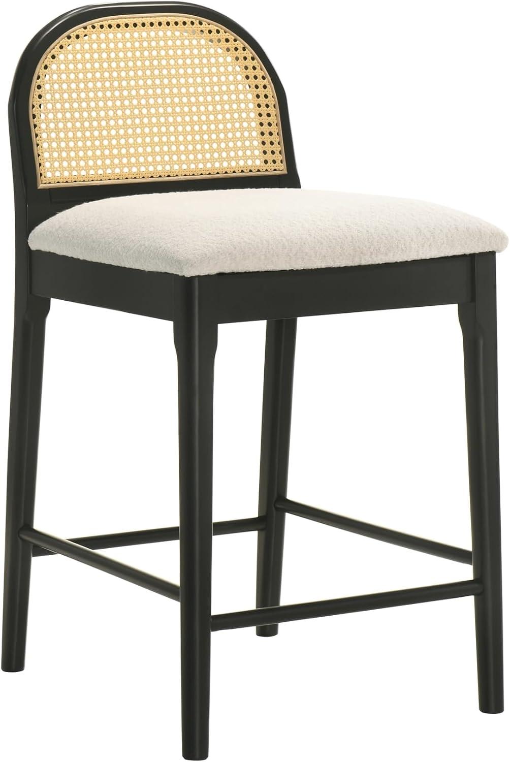 image:imageLucio Modern Farmhouse Wood Counter Height Kitchen Bar Stool in Black Finish with White Boucle Fabric Upholstered Seat Set of 4