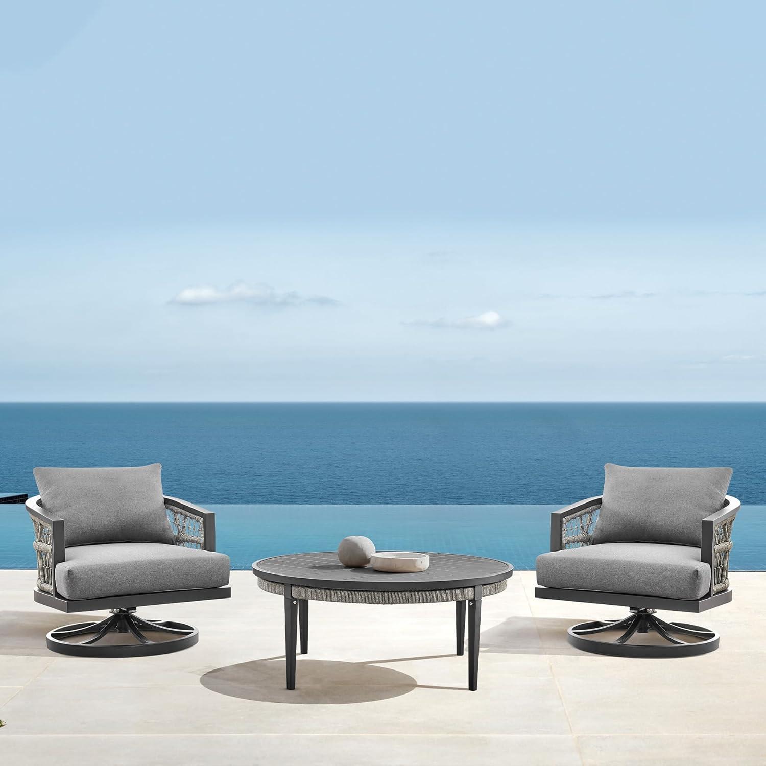 image:imageZella Outdoor Patio 3 Piece Swivel Seating Set in Aluminum with Light Gray Rope and Cushions