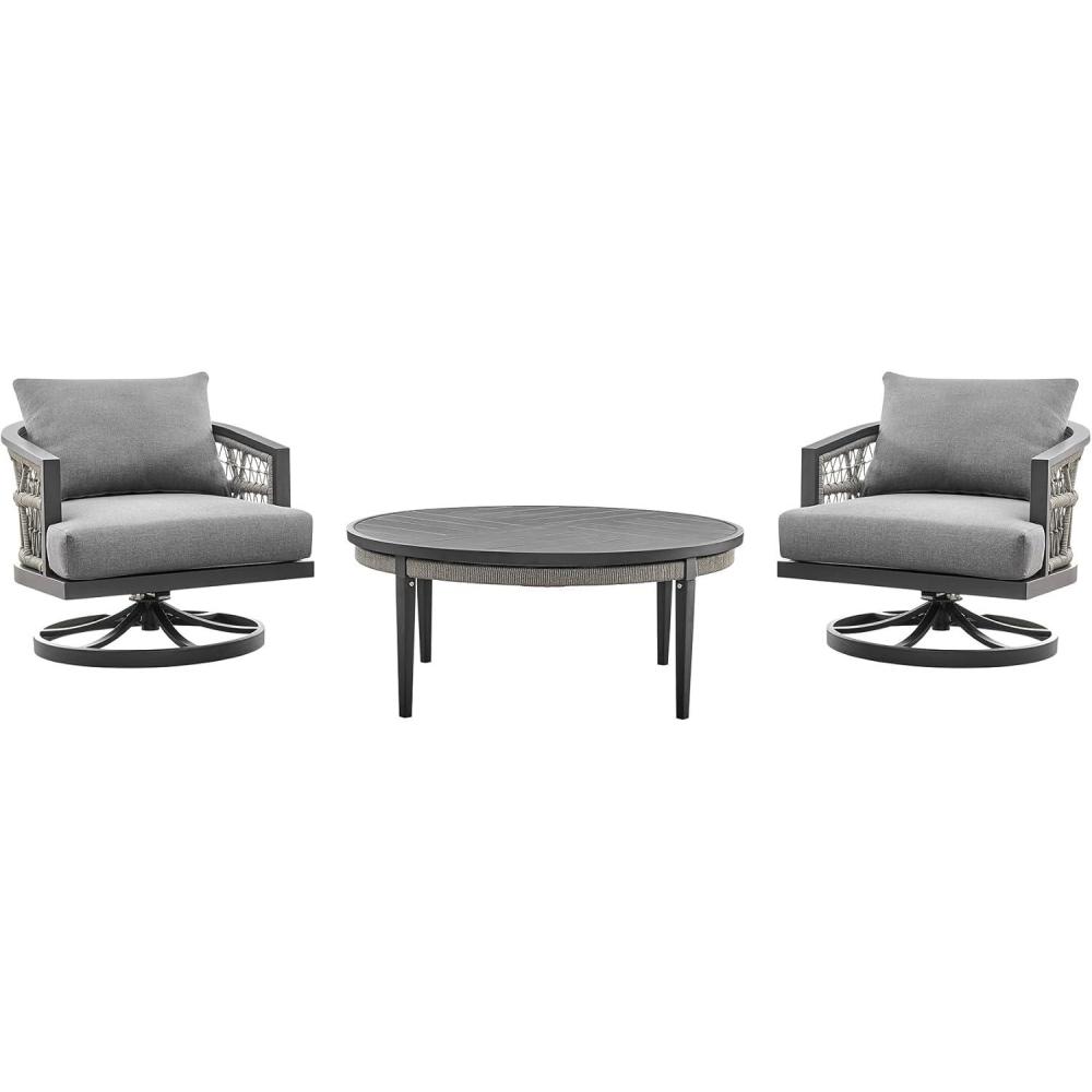 image:imageZella Outdoor Patio 3 Piece Swivel Seating Set in Aluminum with Light Gray Rope and Cushions