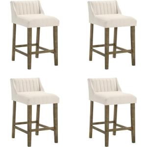 Fauna Modern Transitional Wood Counter Height Kitchen Bar Stool in Putty Brown Finish with White Boucle Fabric Upholstered Seat – Set of 2(White/Putty Brown)