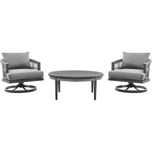 Zella Outdoor Patio 3 Piece Swivel Seating Set in Aluminum with Light Gray Rope and Cushions